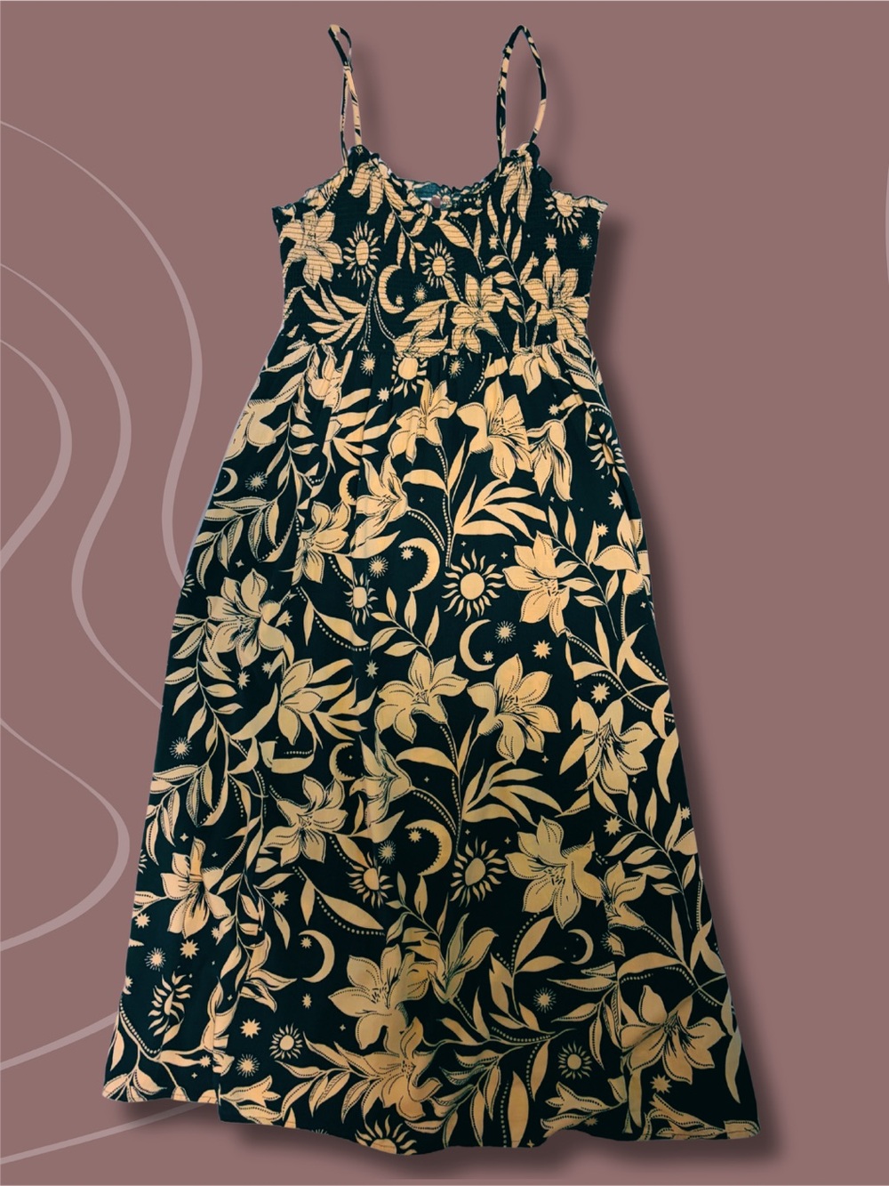 Dreamy Dark Green + Gold Floral Maxi — Patrons of Peace, Smocked, Size L